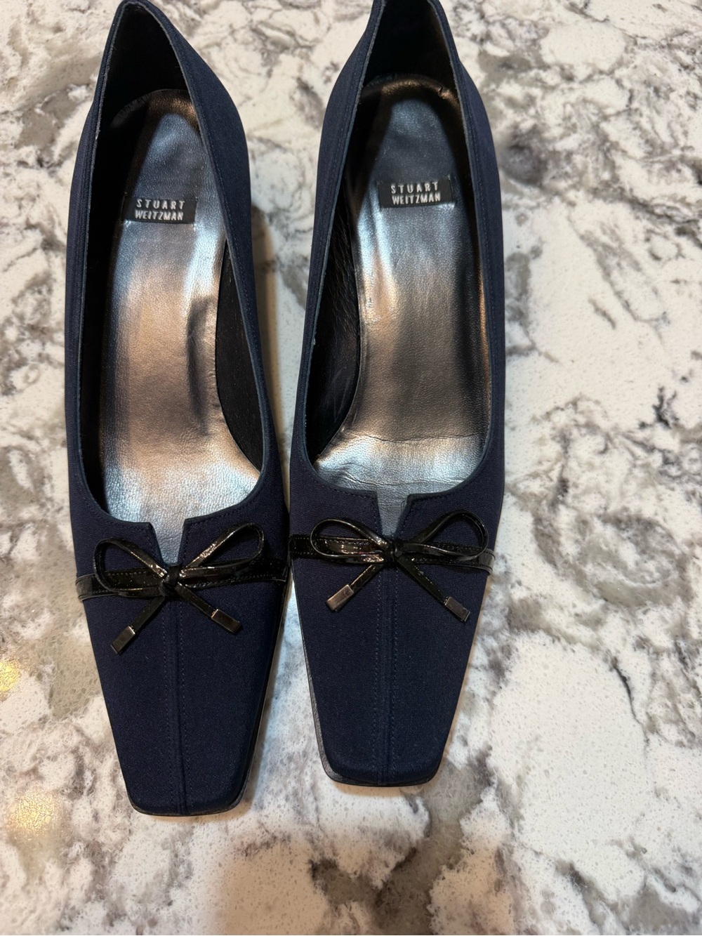 Stuart Weitzman Navy Flats with Black Patent Bow
